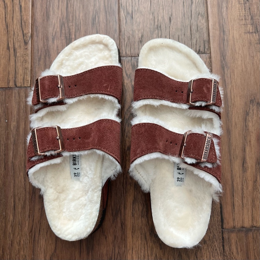 Birkenstocks Brown Suede Fur-Lined Sandals